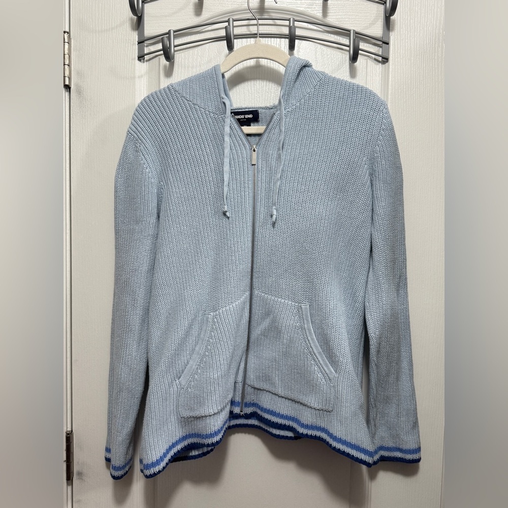 Land's End Women's M Blue Hooded Drifter Cardigan Full Zip Sweater Jacket EUC‎